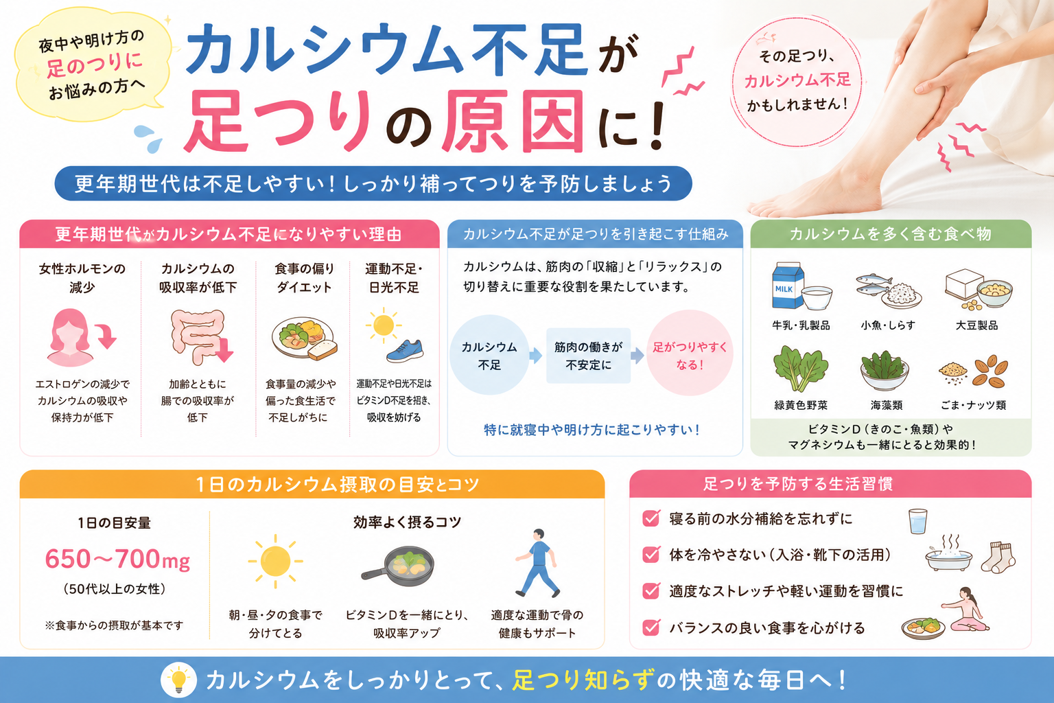 カルシウム不足と足つりの関係|更年期世代が不足しやすい理由と摂り方