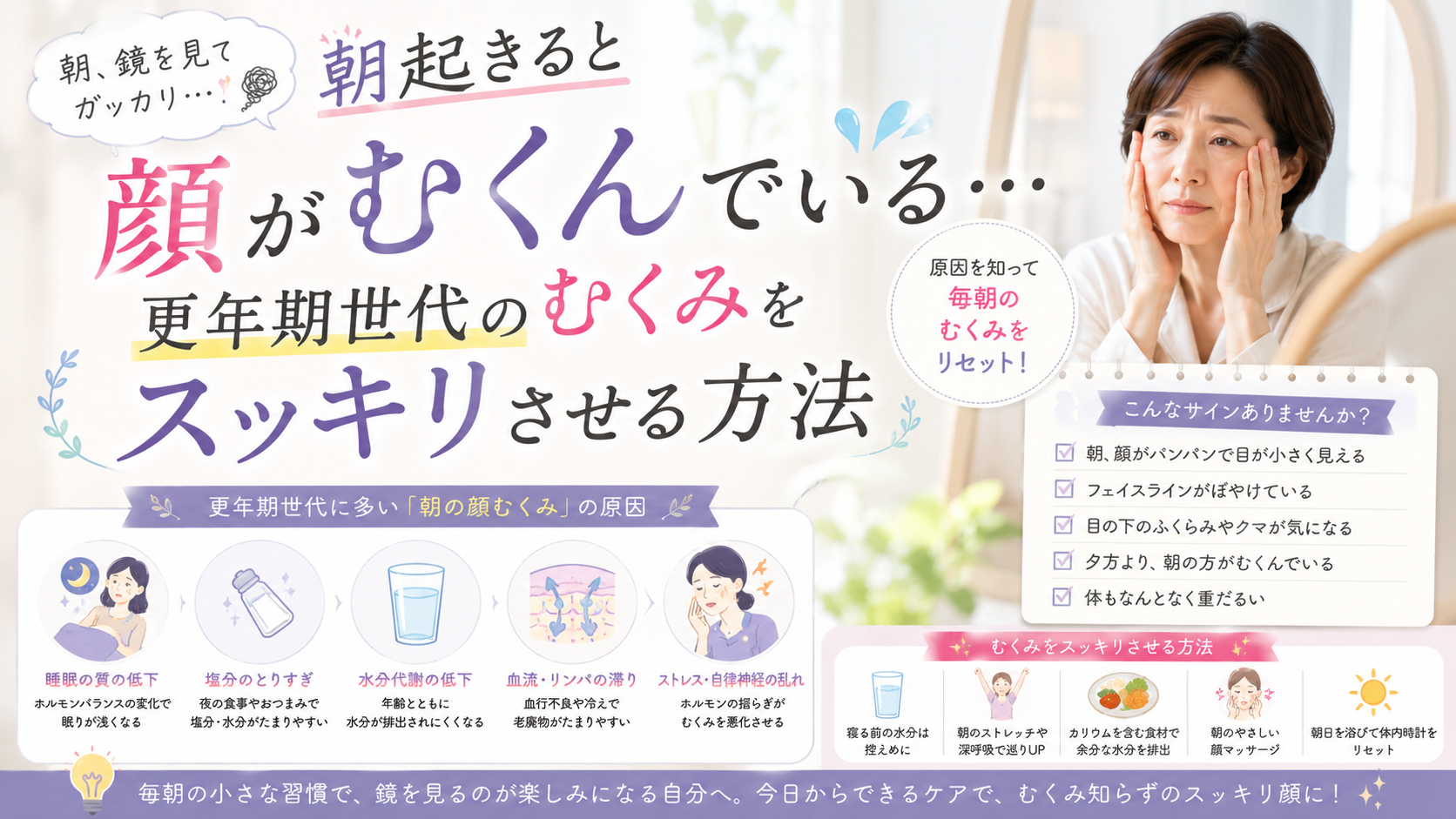 朝起きると顔がむくんでいる|更年期世代のむくみをスッキリさせる方法