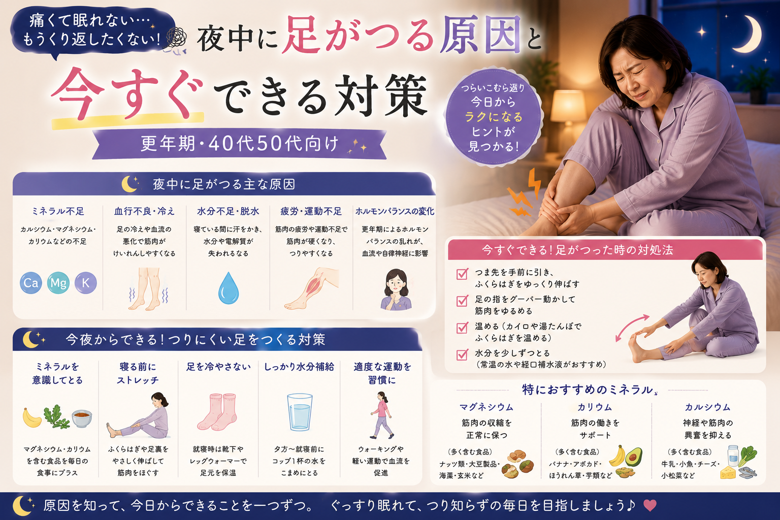 夜中に足がつる原因と今すぐできる対策|更年期・40代50代向け