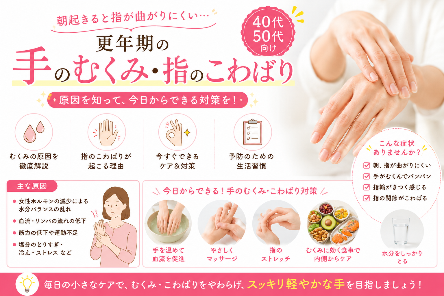 更年期の手のむくみ・指のこわばり|朝起きると指が曲がりにくい理由と対策